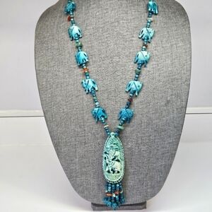VINTAGE Carved Elephant Beaded Turquoise Large Pendant Fetish Necklace
